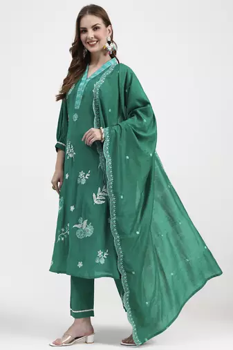 green mul chanderi thread work sequins work straight kurta trouser dupatta set