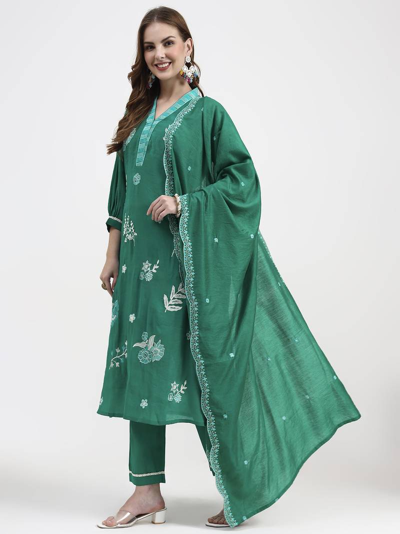 green mul chanderi thread work sequins work straight kurta trouser dupatta set