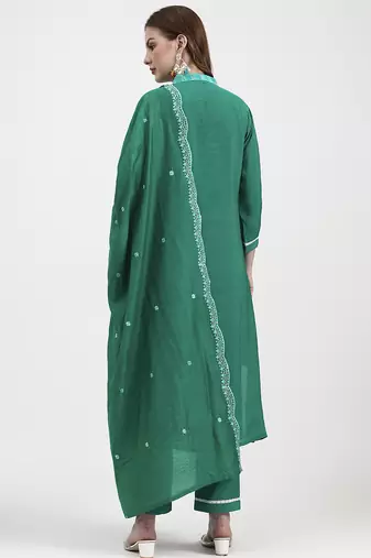 green mul chanderi thread work sequins work straight kurta trouser dupatta set