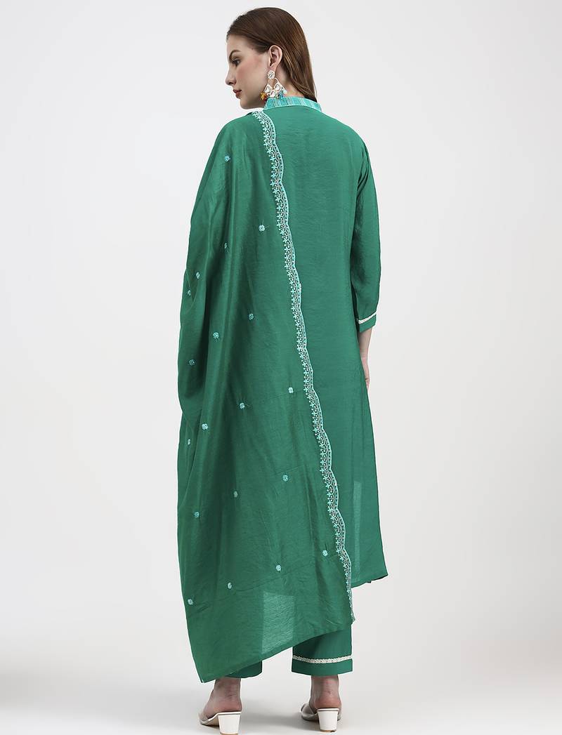 green mul chanderi thread work sequins work straight kurta trouser dupatta set