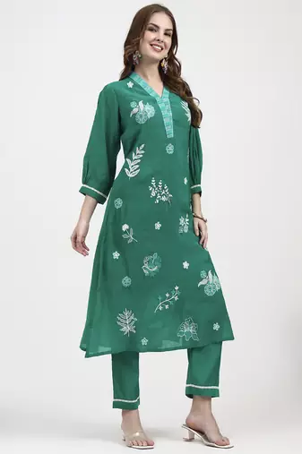 green mul chanderi thread work sequins work straight kurta trouser dupatta set