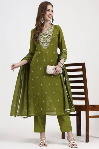 lime green mul chanderi thread work sequins work a-line kurta trouser dupatta set