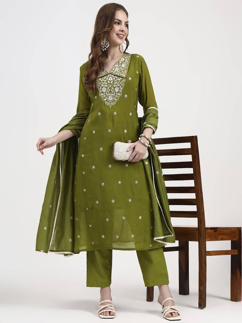 lime green mul chanderi thread work sequins work a-line kurta trouser dupatta set