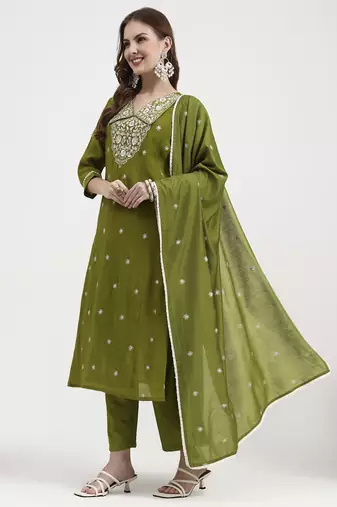 lime green mul chanderi thread work sequins work a-line kurta trouser dupatta set