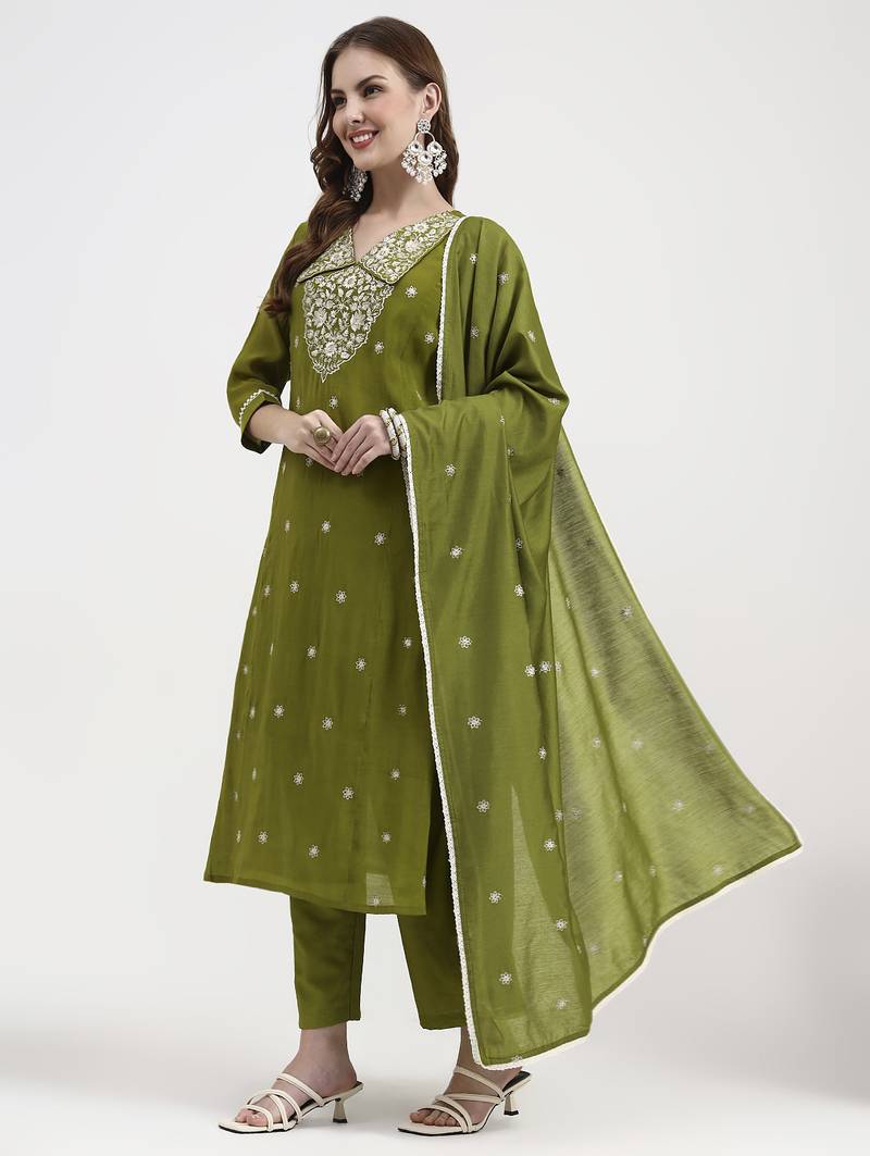lime green mul chanderi thread work sequins work a-line kurta trouser dupatta set