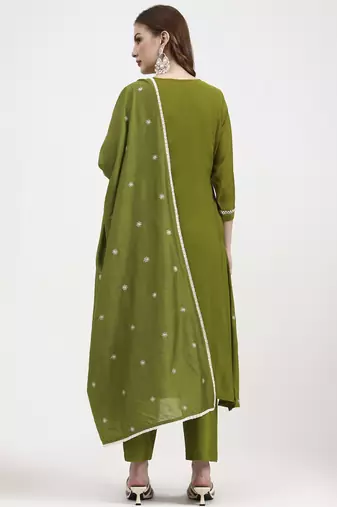 lime green mul chanderi thread work sequins work a-line kurta trouser dupatta set