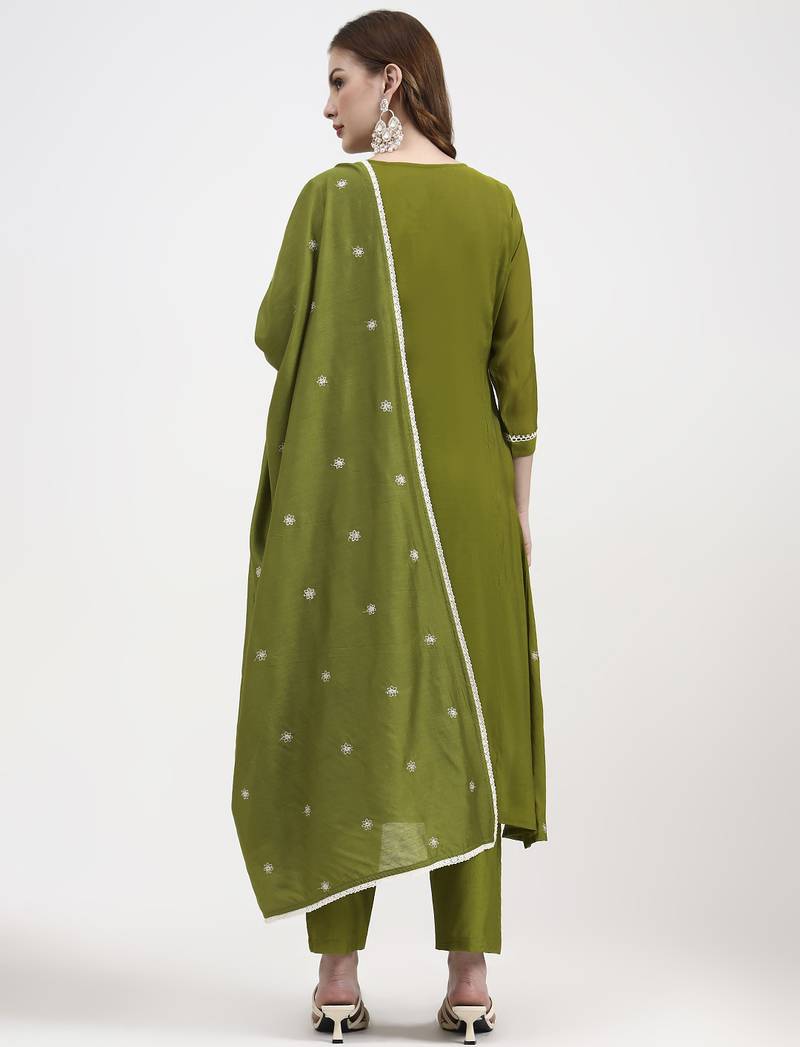 lime green mul chanderi thread work sequins work a-line kurta trouser dupatta set