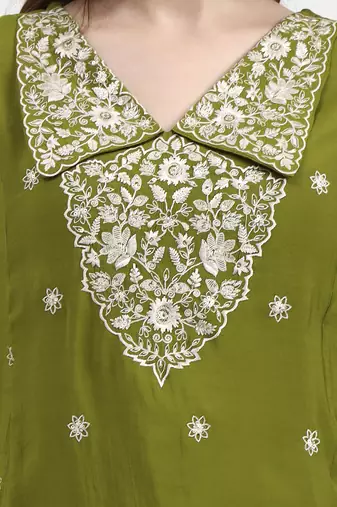 lime green mul chanderi thread work sequins work a-line kurta trouser dupatta set