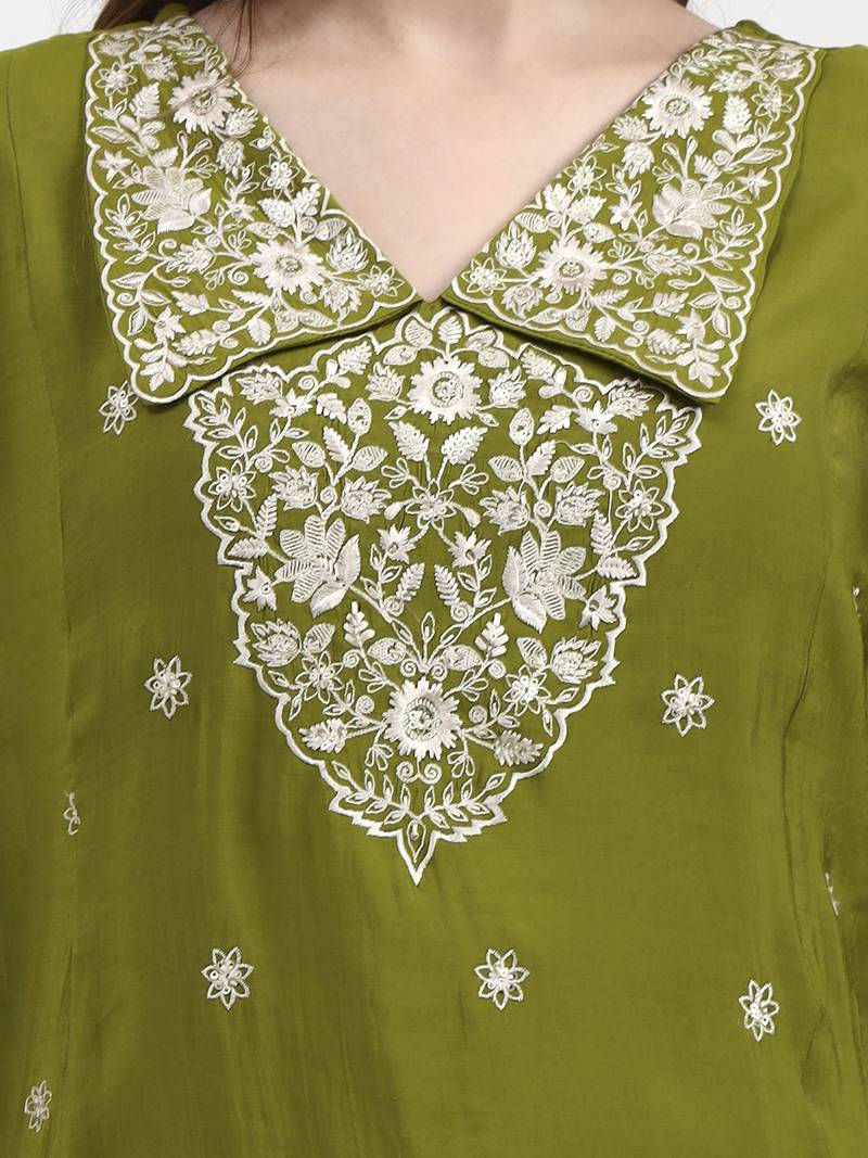lime green mul chanderi thread work sequins work a-line kurta trouser dupatta set