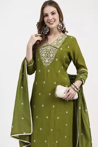 lime green mul chanderi thread work sequins work a-line kurta trouser dupatta set