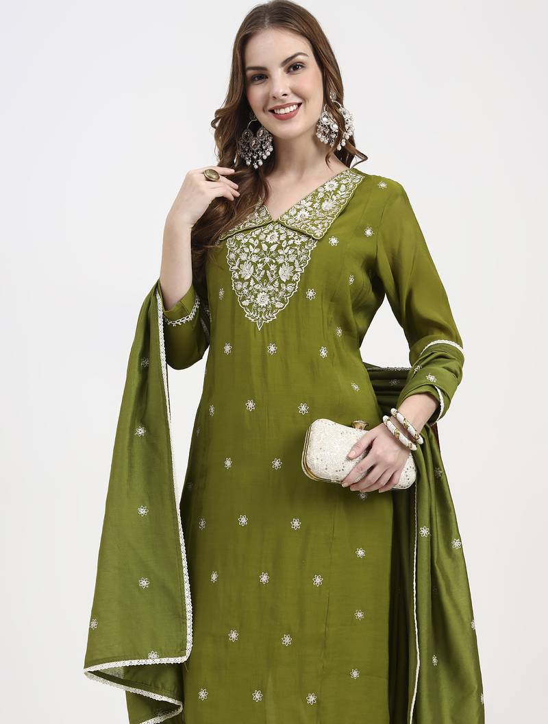 lime green mul chanderi thread work sequins work a-line kurta trouser dupatta set
