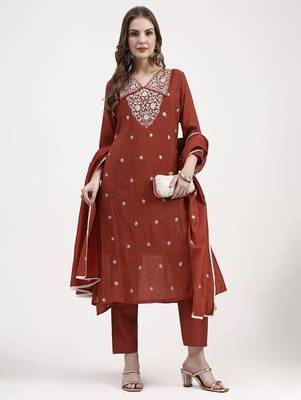 rust mul chanderi thread work sequins work a-line kurta trouser dupatta set 1