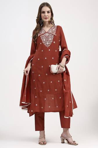 rust mul chanderi thread work sequins work a-line kurta trouser dupatta set