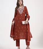 rust mul chanderi thread work sequins work a-line kurta trouser dupatta set