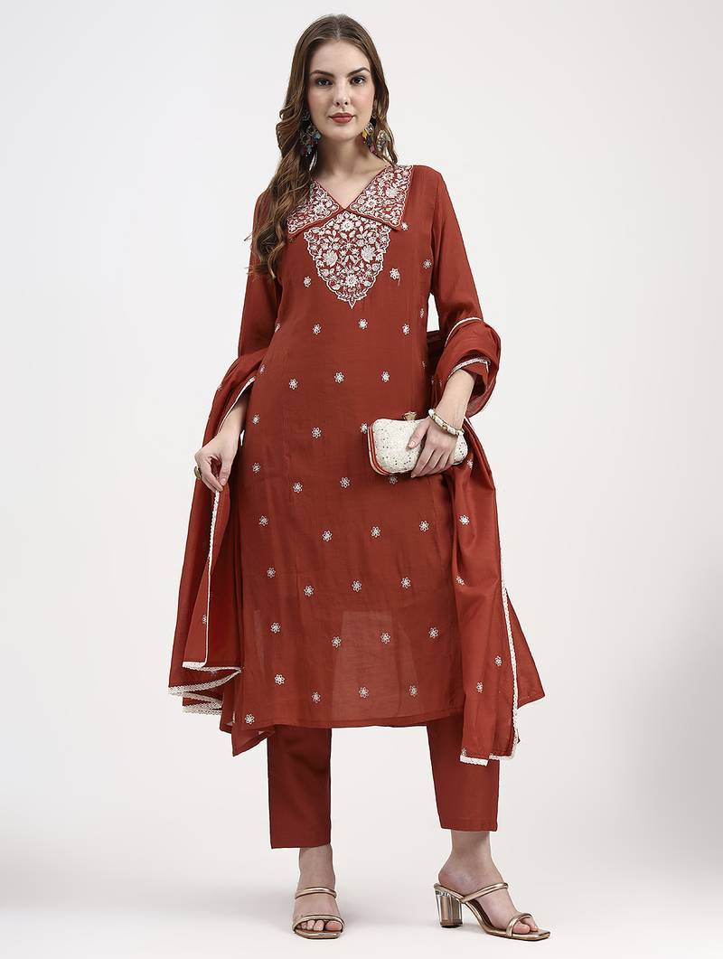rust mul chanderi thread work sequins work a-line kurta trouser dupatta set