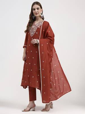 rust mul chanderi thread work sequins work a-line kurta trouser dupatta set 2