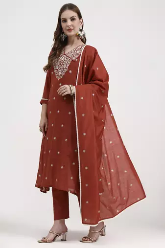 rust mul chanderi thread work sequins work a-line kurta trouser dupatta set