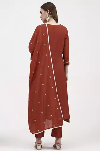 rust mul chanderi thread work sequins work a-line kurta trouser dupatta set