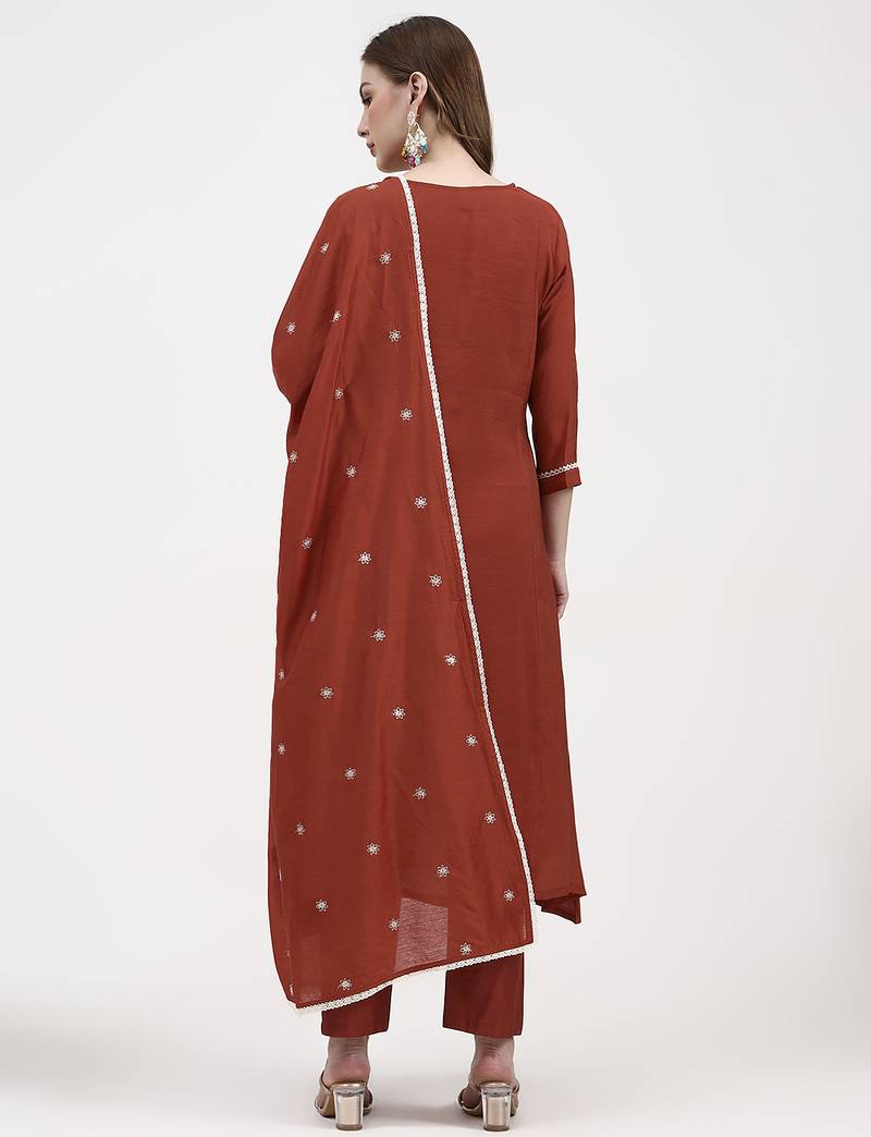 rust mul chanderi thread work sequins work a-line kurta trouser dupatta set