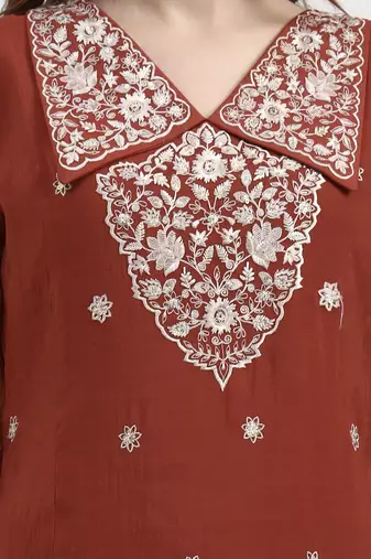 rust mul chanderi thread work sequins work a-line kurta trouser dupatta set