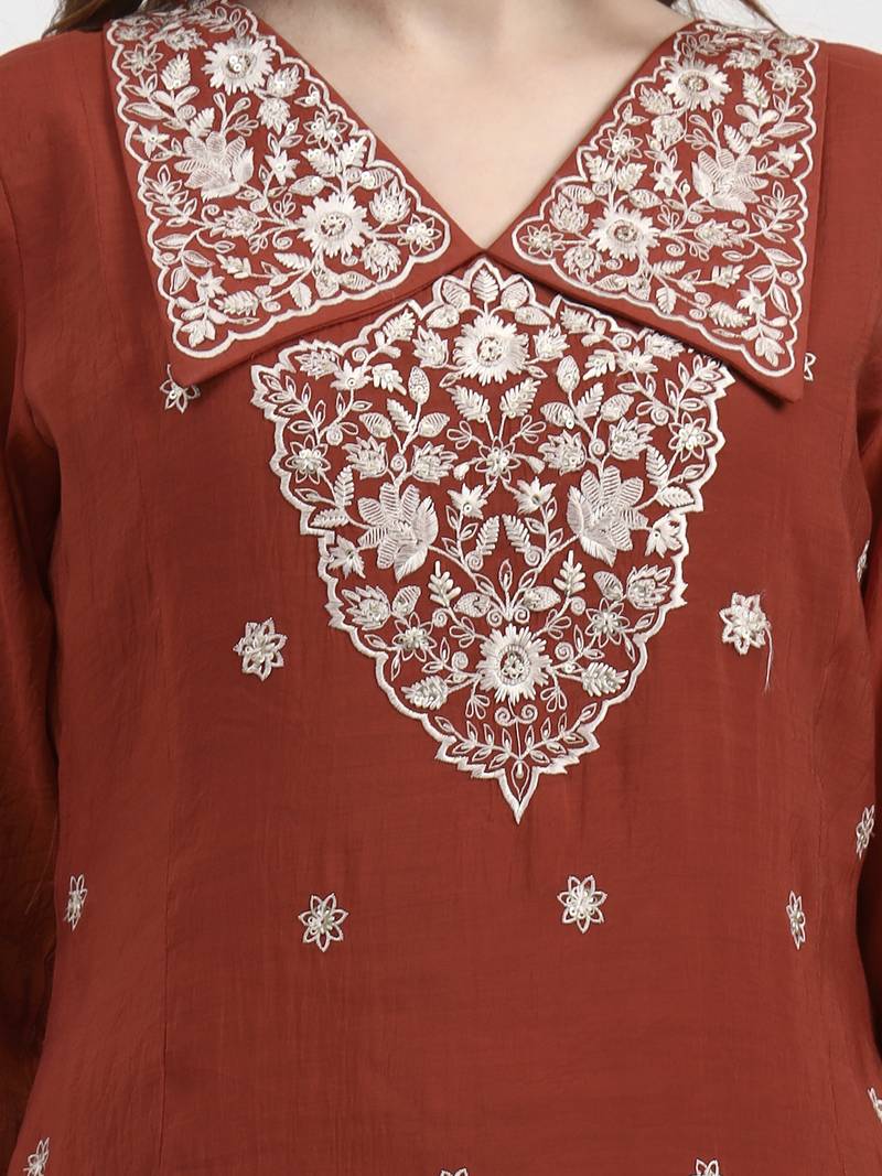 rust mul chanderi thread work sequins work a-line kurta trouser dupatta set
