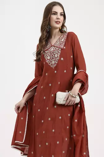 rust mul chanderi thread work sequins work a-line kurta trouser dupatta set