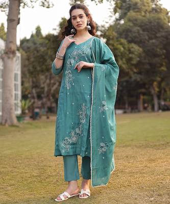 turquoise blue mul chanderi kantha work kurta dupatta pant set 1
