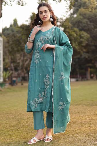 turquoise blue mul chanderi kantha work kurta dupatta pant set