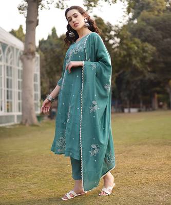 turquoise blue mul chanderi kantha work kurta dupatta pant set 2