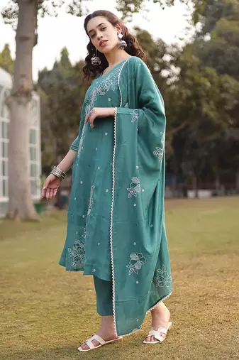 turquoise blue mul chanderi kantha work kurta dupatta pant set