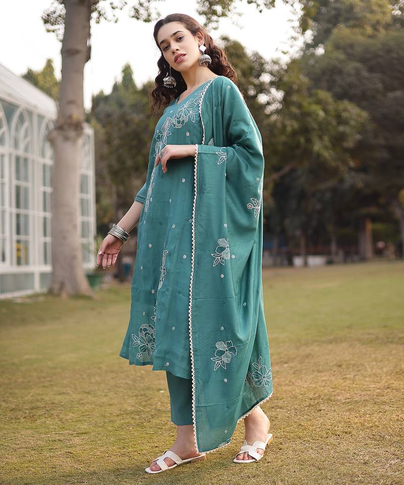 turquoise blue mul chanderi kantha work kurta dupatta pant set