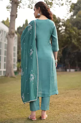turquoise blue mul chanderi kantha work kurta dupatta pant set