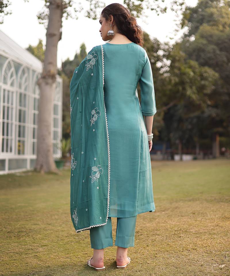 turquoise blue mul chanderi kantha work kurta dupatta pant set