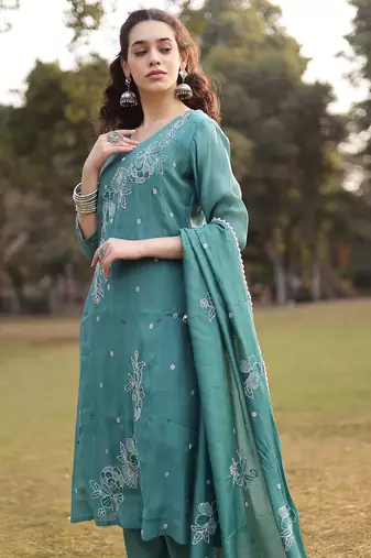 turquoise blue mul chanderi kantha work kurta dupatta pant set