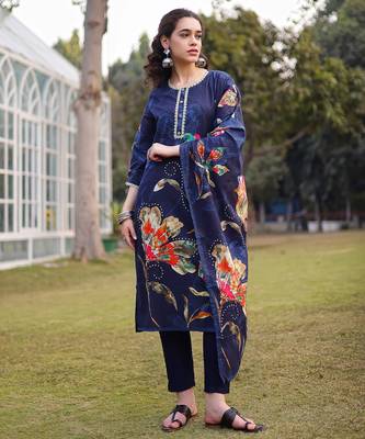navy blue pure cotton pakistani straight kurta dupatta pant set 1