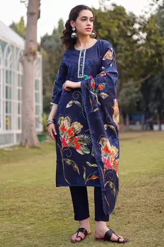 navy blue pure cotton pakistani straight kurta dupatta pant set