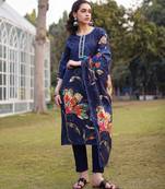 navy blue pure cotton pakistani straight kurta dupatta pant set