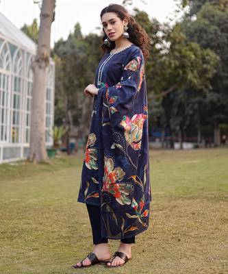 navy blue pure cotton pakistani straight kurta dupatta pant set 2