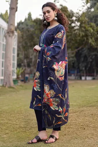 navy blue pure cotton pakistani straight kurta dupatta pant set