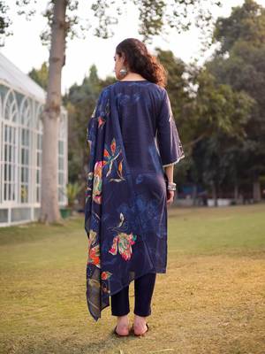 navy blue pure cotton pakistani straight kurta dupatta pant set 3