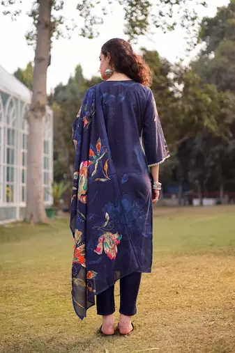 navy blue pure cotton pakistani straight kurta dupatta pant set