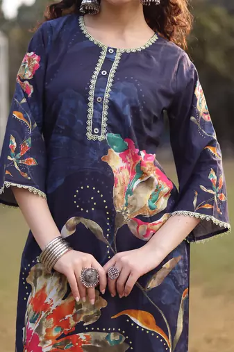 navy blue pure cotton pakistani straight kurta dupatta pant set