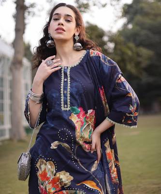 navy blue pure cotton pakistani straight kurta dupatta pant set 5