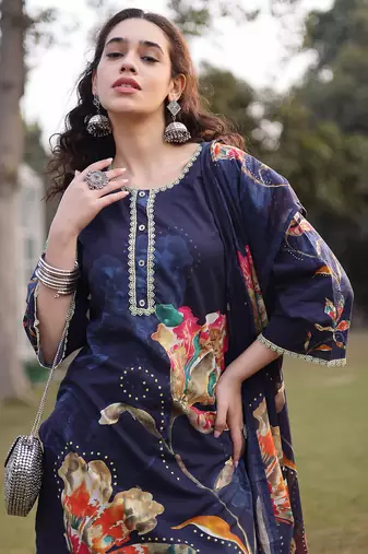 navy blue pure cotton pakistani straight kurta dupatta pant set