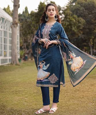 teal blue pure cotton pakistani straight kurta dupatta pant set 1