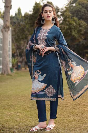 teal blue pure cotton pakistani straight kurta dupatta pant set
