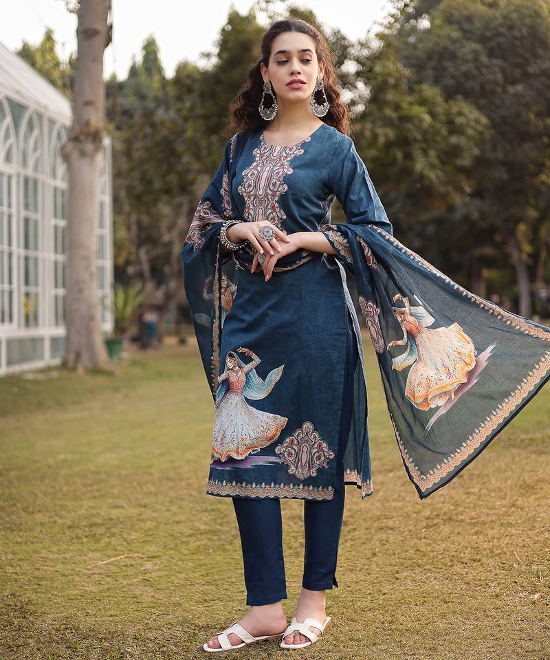 teal blue pure cotton pakistani straight kurta dupatta pant set