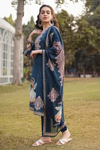 teal blue pure cotton pakistani straight kurta dupatta pant set