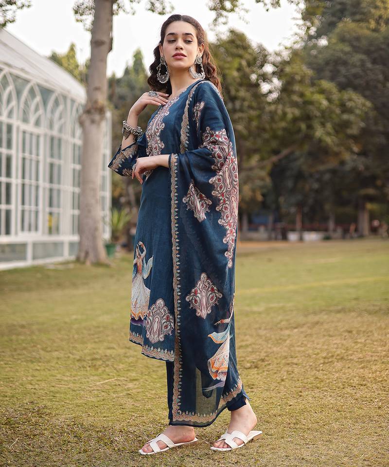 teal blue pure cotton pakistani straight kurta dupatta pant set