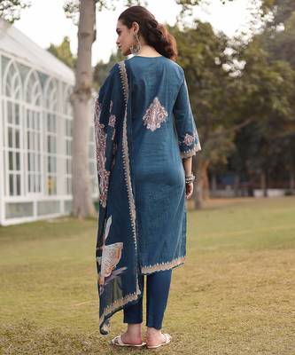 teal blue pure cotton pakistani straight kurta dupatta pant set 3